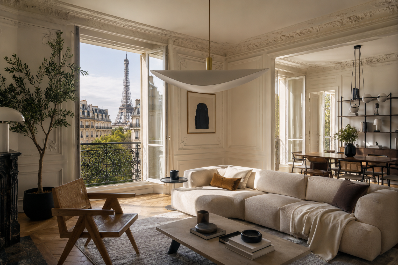 Séjour élégant d'un appartement parisien géré par Rivae